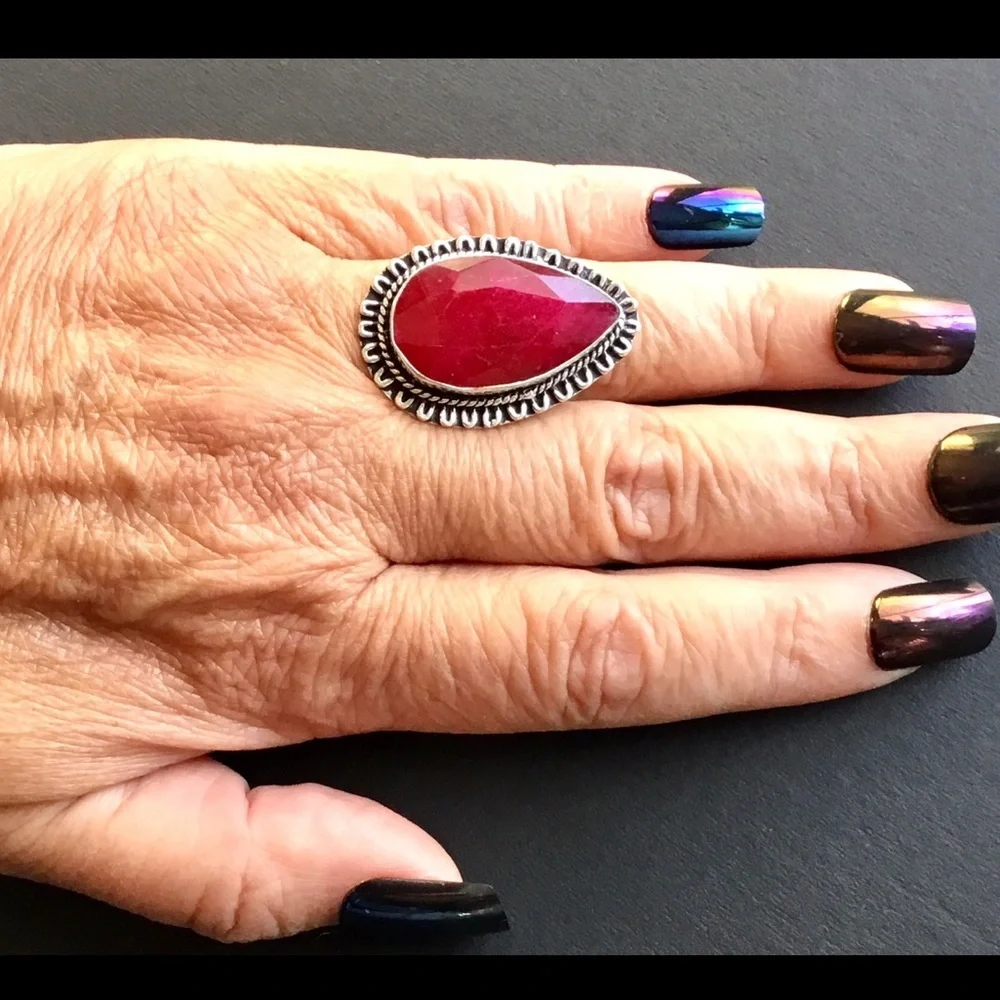 Large Red Ruby Gemstone Ring Tear Drop Style Faceted Handmade Size 6.5